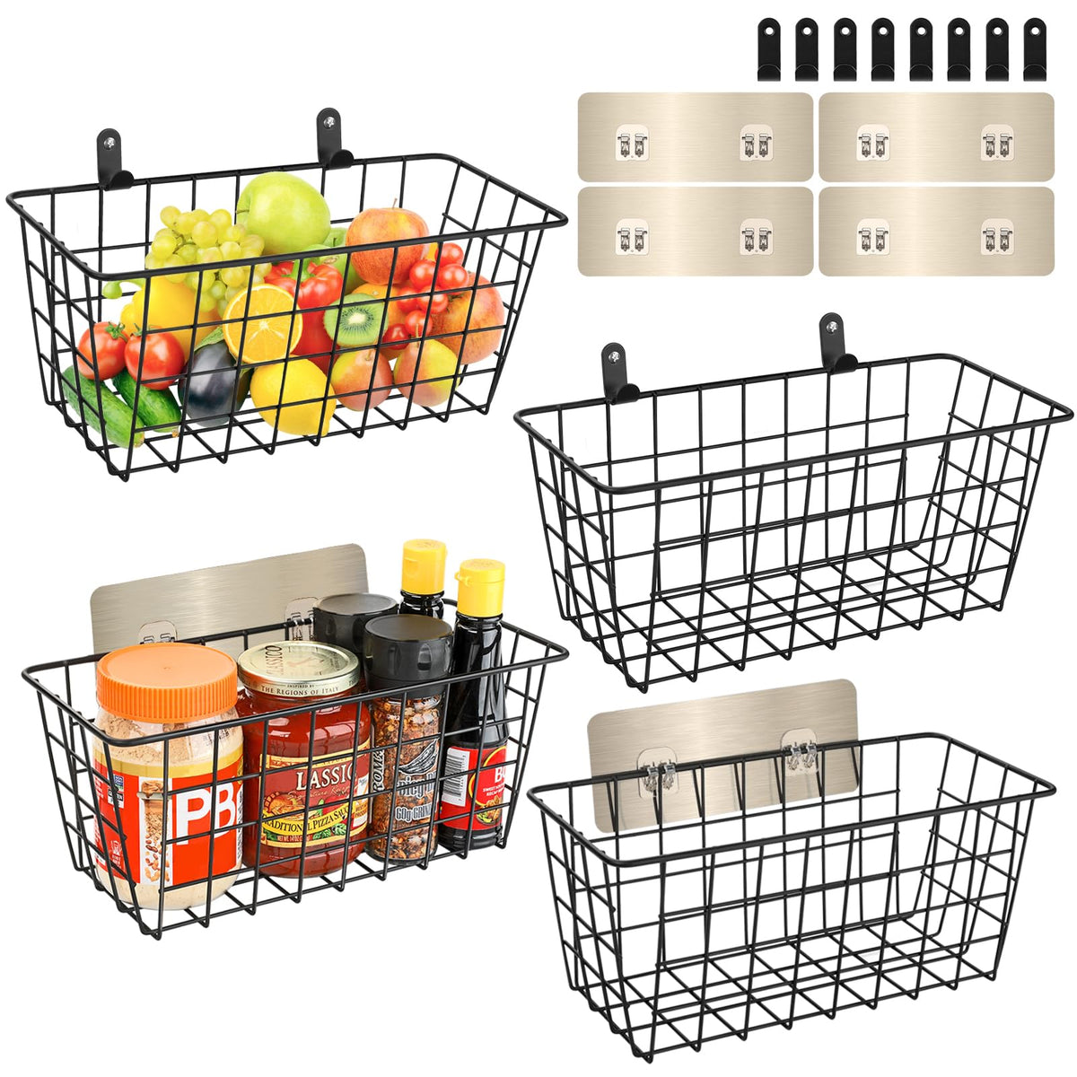 2 Pack Hanging Wall Basket Wire Storage Baskets, Adhesive Basket for Cabinet Door Organizer No Drilling, Hanging Fruit Baskets for Kitchen, Pantry Organization, Bathroom, Black