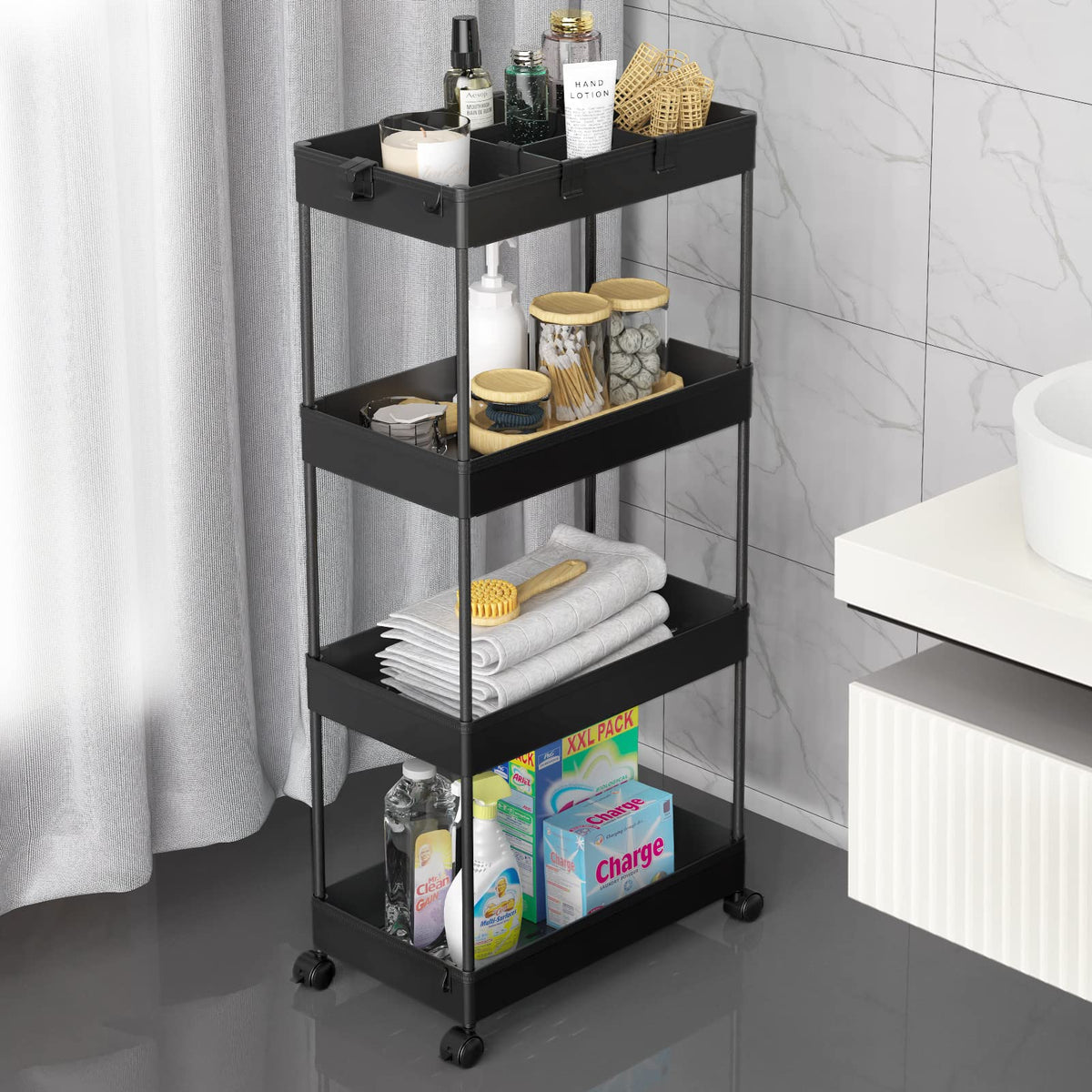 SPACELEAD 3 Tier Rolling Cart with Wheels, Storage Craft Art Trolley Organizer Serving, 3 Hanging Baskets Easy Assembly, for Office, Bathroom，Living Room, Kitchen, White