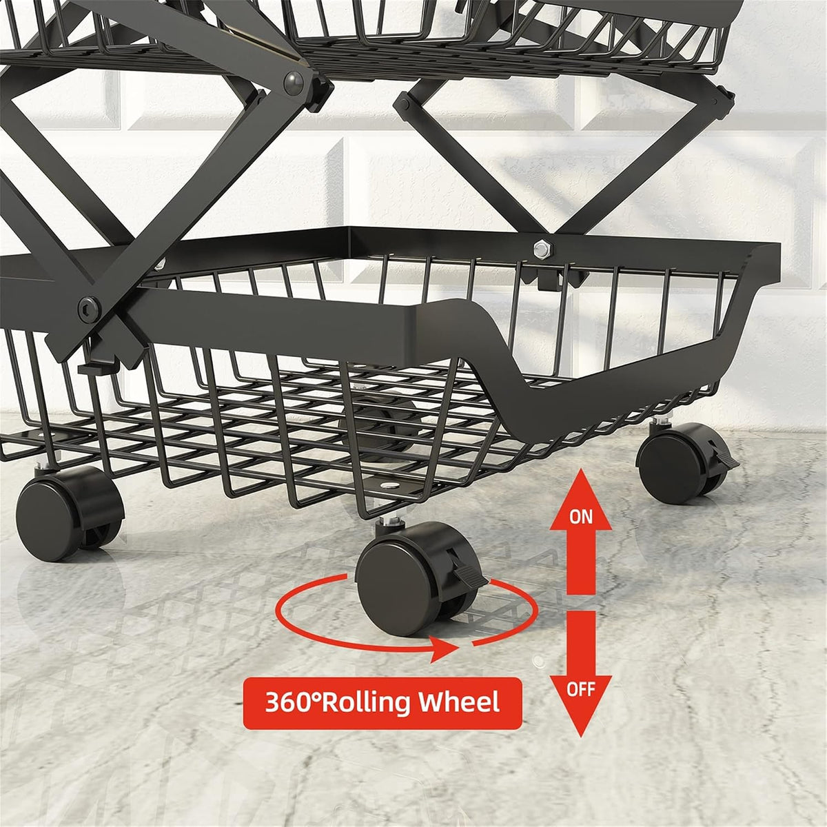 4-Tier Rolling Pantry Floor Organizer with Wheels, Foldable Fruit Vegetable Storage Cart, Metal Wire Pantry Basket, Kitchen Fruit Basket Stand, Vegetable Storage Rack for Fruits Snack Onion Potato