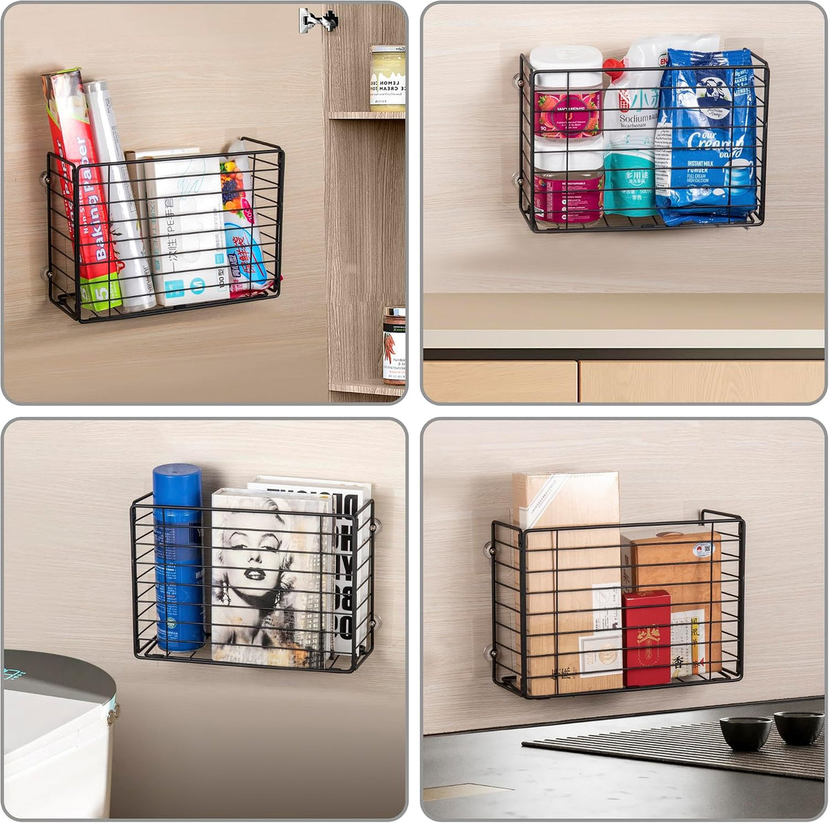Lonian Wall Mounted Storage Basket, Black Metal Wire Kitchen Wrap Organizer Rack, Heavy Duty Hanging Basket for Cabinet Door, Pantry, Cutting Boards, Foil, and Cleaning Supplies