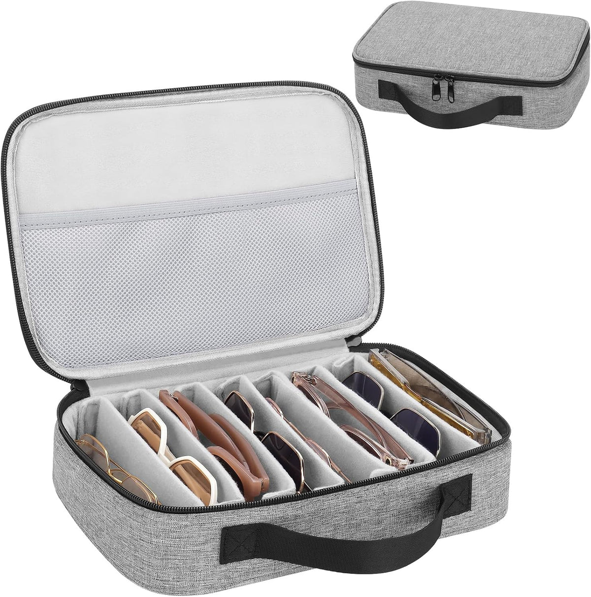 Travel Sunglasses Organizer Case, Adjustable 7 Slot for Multiple Pairs, Portable Eyeglasses Storage Box for Men Women, Holds 8 pairs of glasses, Gray