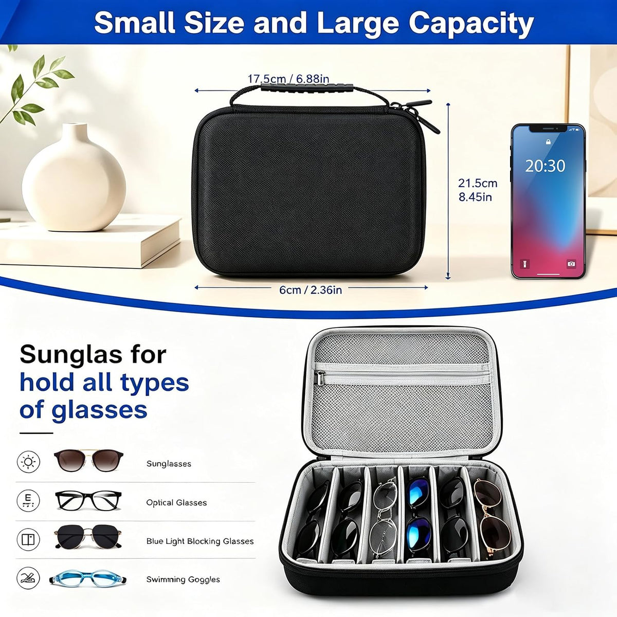 6-Slot Travel Sunglasses Organizer Case, Hard Shell Eyewear Storage Box with Handle, Portable Multiple Glasses Holder for Sunglasses, Reading Glasses, Road Trips, Vacations, Black
