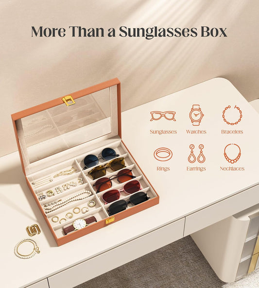 Sunglasses Organizer Storage Box - 10 Slots Eyeglass Display Case for Multiple Pair Glasses, Sunglass Holder with Clear Glass Lid, Jewelry and Watch Collection Box for Women and Men, Brown