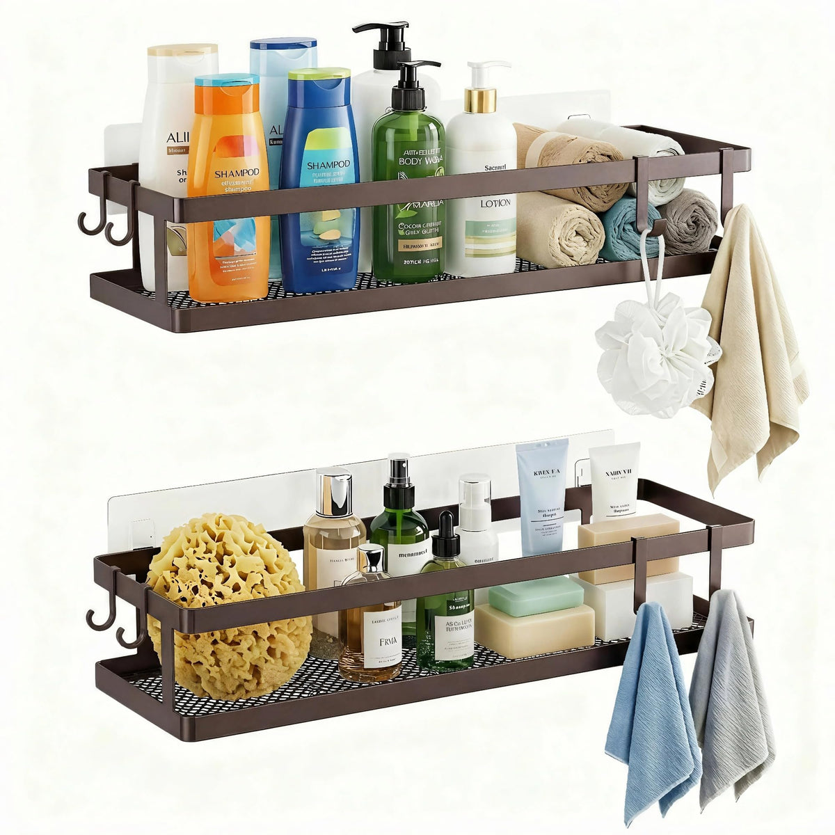 PUSDON 16.5-Inch Extra Long Slim Mesh Shower Caddy, Wall Mounted Bathroom Organizer with Adhesive, Heavy Duty Rustproof Shelf for Narrow Kitchen Pantry & RV, Holds 50 LBS 2-Pack - White Netting