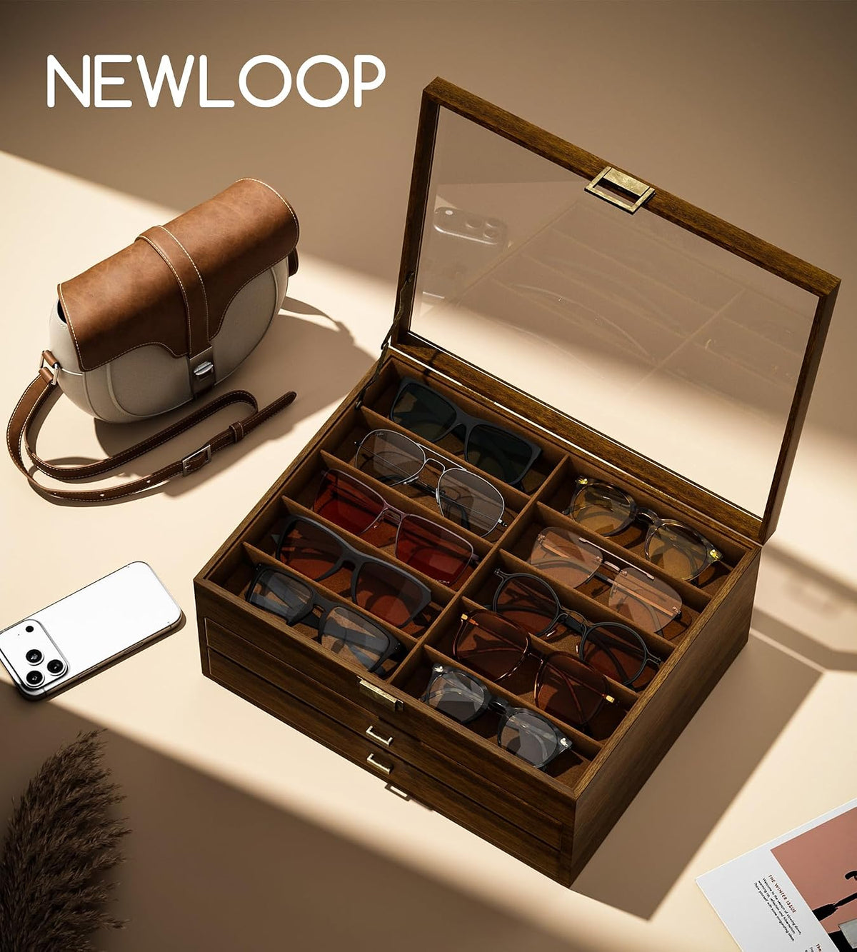 NEWLOOP 10/20/30 Wooden Pattern Sunglass Organizer Multiple Pairs of Eyeglass Ultra-thin Frame Storage Box for Women Men