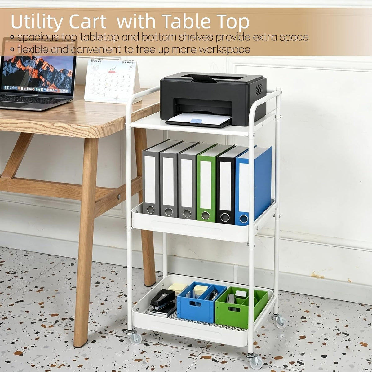 3 Tier Rolling Cart with Table Top, Metal Kitchen Storage Cart