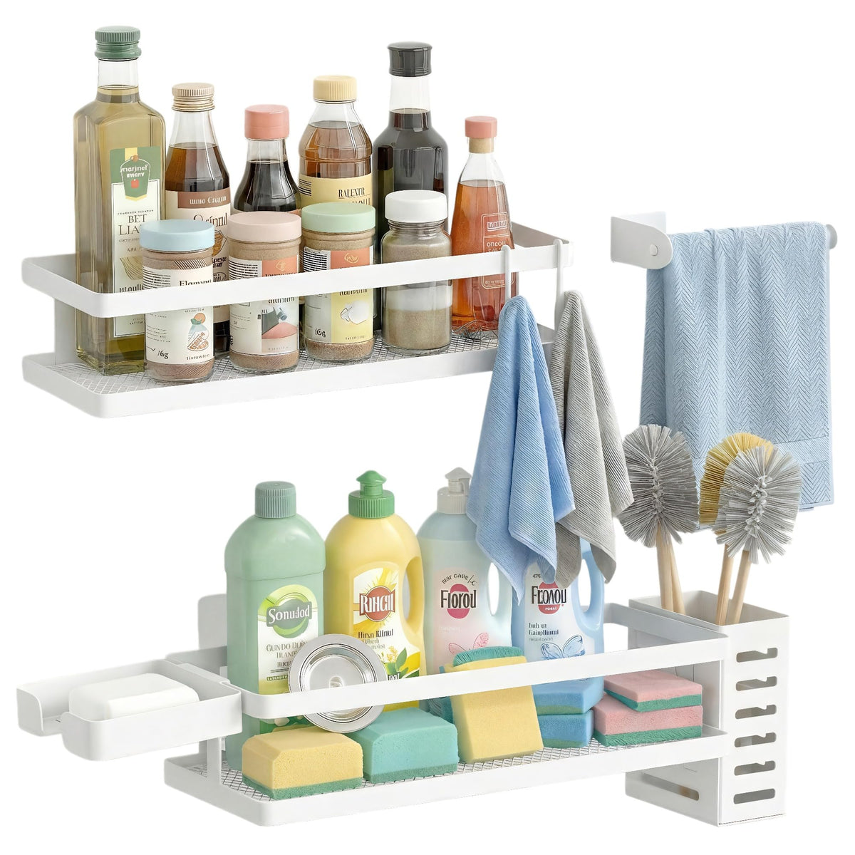 PUSDON 16.5-Inch Extra Long Slim Mesh Shower Caddy, Wall Mounted Bathroom Organizer with Adhesive, Heavy Duty Rustproof Shelf for Narrow Kitchen Pantry & RV, Holds 50 LBS 2-Pack - White Netting