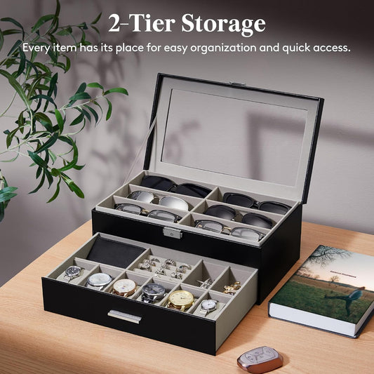 Lifewit 2 Layer Sunglasses & Watch Organizer, Glass Lid Display Case, Black