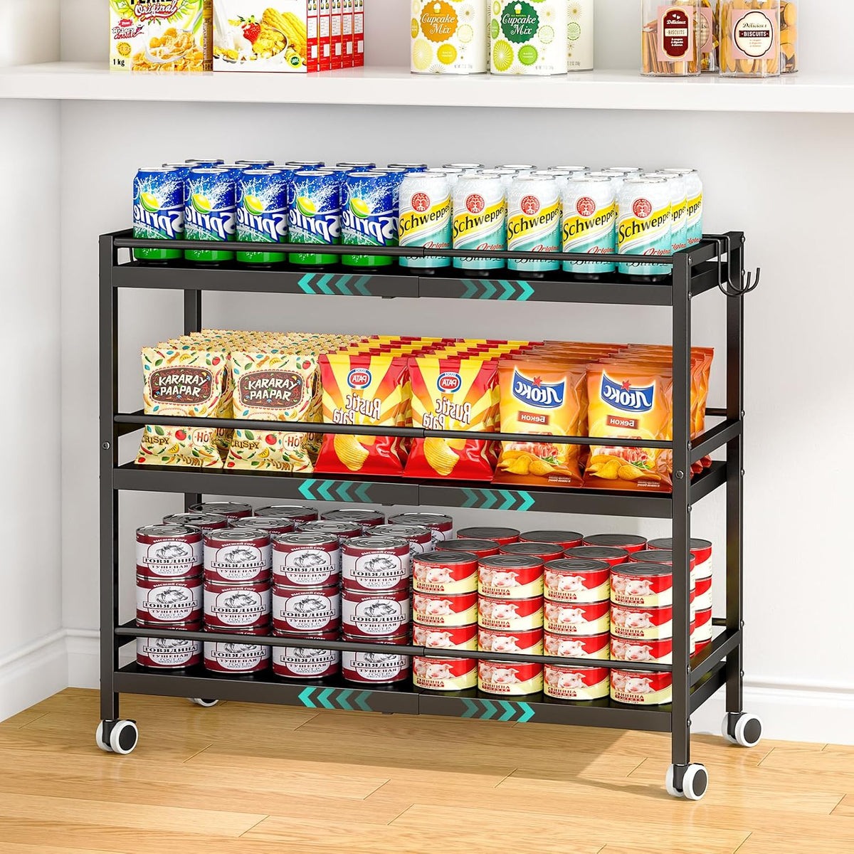 3-Tier Expandable Rolling Pantry Organizers and Storage Cart with Wheels, Adjustable Pantry Floor Organizer, Snack Cart for Pantry, Kitchen Storage Cart with 4 Hooks for Snack, Food, Vegetables, Black