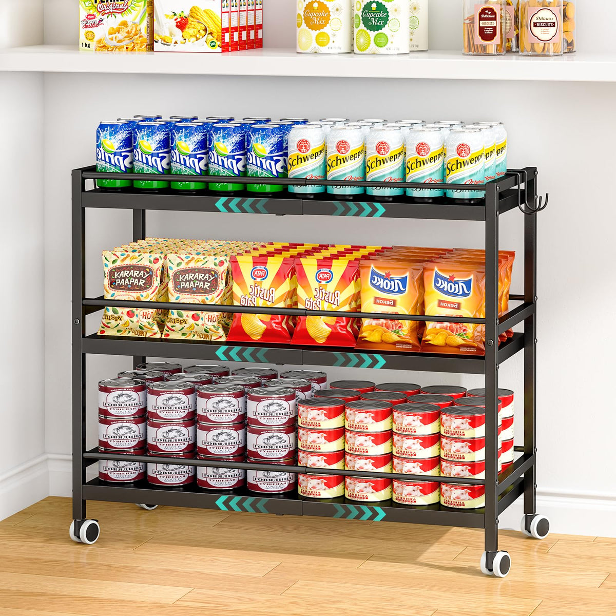 3-Tier Expandable Rolling Pantry Organizers and Storage Cart with Wheels, Adjustable Pantry Floor Organizer, Snack Cart for Pantry, Kitchen Storage Cart with 4 Hooks for Snack, Food, Vegetables, Black
