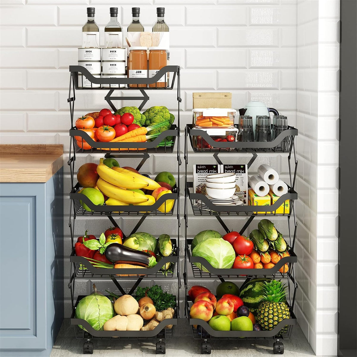 4-Tier Rolling Pantry Floor Organizer with Wheels, Foldable Fruit Vegetable Storage Cart, Metal Wire Pantry Basket, Kitchen Fruit Basket Stand, Vegetable Storage Rack for Fruits Snack Onion Potato