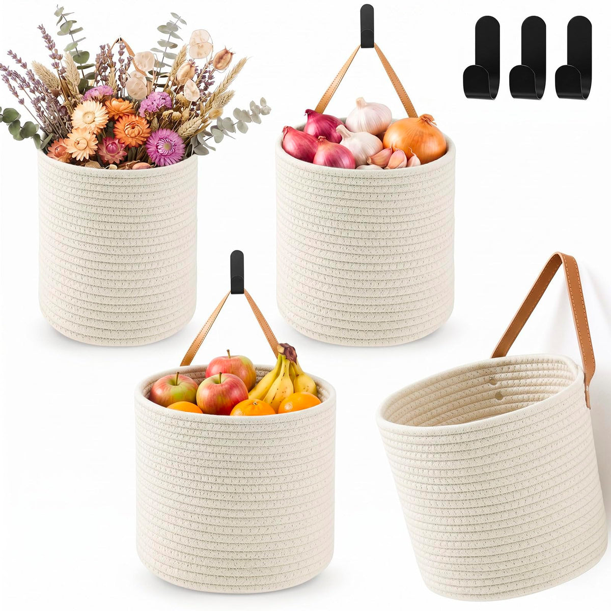 Honeydak 3 Hanging Baskets, Light Brown, Wide Bucket Basket