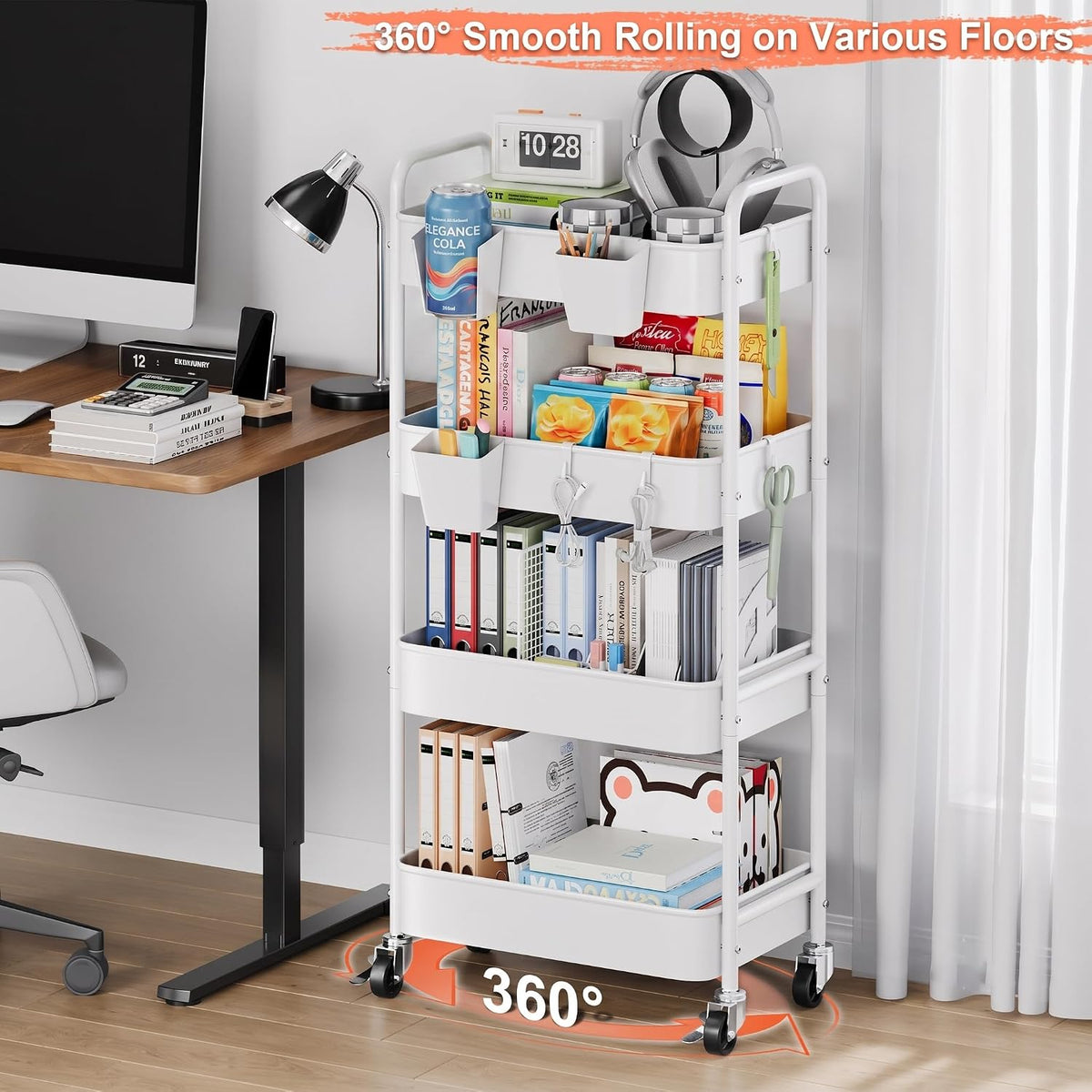 4 Tier Rolling Storage Cart Metal with Wheels, 37in Heavy Duty Roller Carts