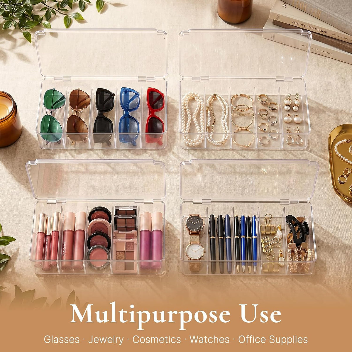 4 Pack Sunglass Organizer, Clear Acrylic Stackable Eyeglass Storage Box Holder, Sunglasses Case Glasses Display Case with Hinged Lid