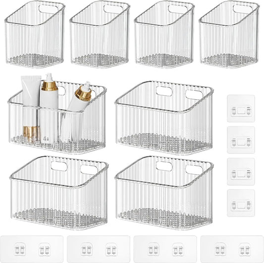8 Pack Clear Wall Mounted Storage Bins, Acrylic Cabinet Door Organizer Baskets, Bathroom Wall Storage Organizer with Drain Hole, Adhesive Hanging Bins for Fridge Kitchen, BPA Free