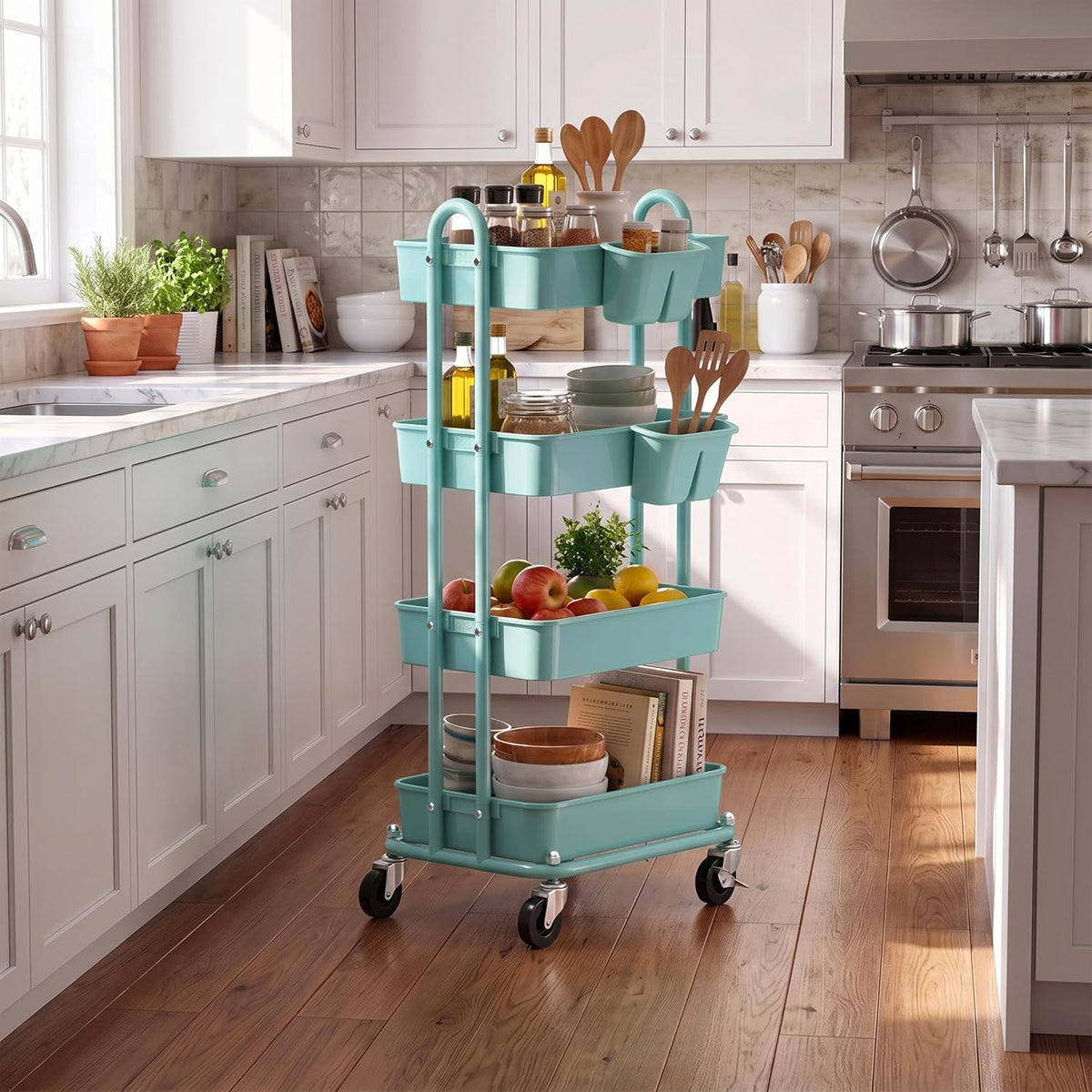 Simple Houseware 4-Tier Rolling Utility Cart with Hanging Bucket, Turquoise