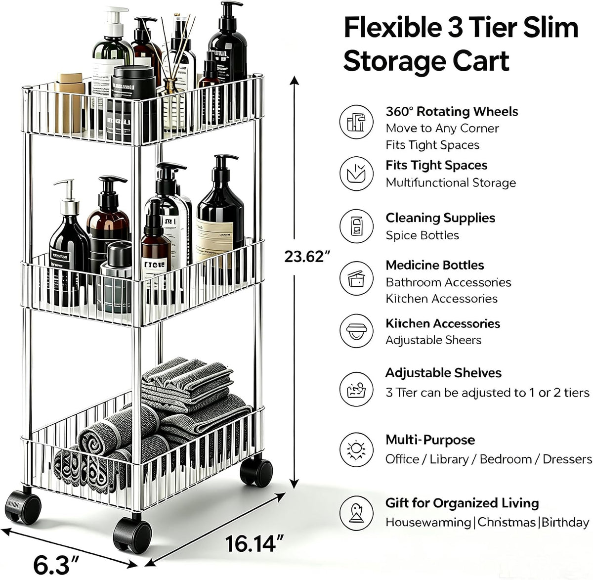 Sooyee Slim Clear 3-Tier Plastic Rolling Utility Cart with Wheels