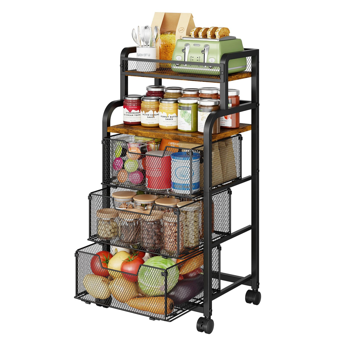 4-Tier Fruit Vegetable Storage Cart - Kitchen Organizer and Storage Cart with Wheels, Wooden Top Metal Wire Fruit Vegetable Rack Stand with Drawers to Storage Cans Snacks for Kitchen(Patent Pending)