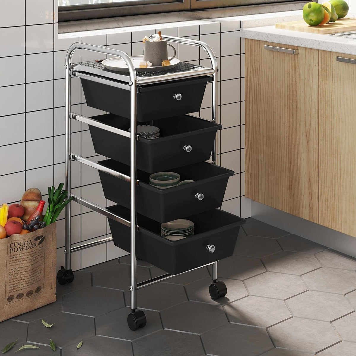 Yaheetech 4-Drawer Rolling Storage Cart with Wheels, Slim Organizer, Black
