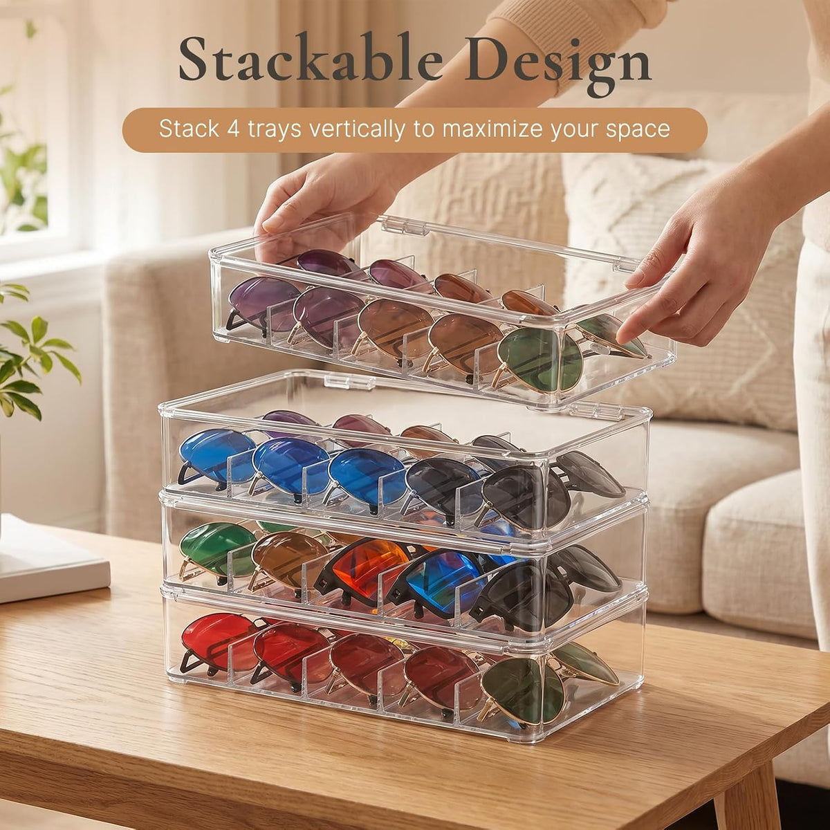4 Pack Sunglass Organizer, Clear Acrylic Stackable Eyeglass Storage Box Holder, Sunglasses Case Glasses Display Case with Hinged Lid