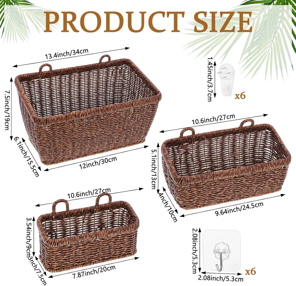 3 Pcs Handmade Wall Basket With Hooks, Boho Style Decor Hanging Baskets, Plastic Adhesive Wall Mount Cabinet Organizer for Living Room, Kitchen & Garden(Brown)