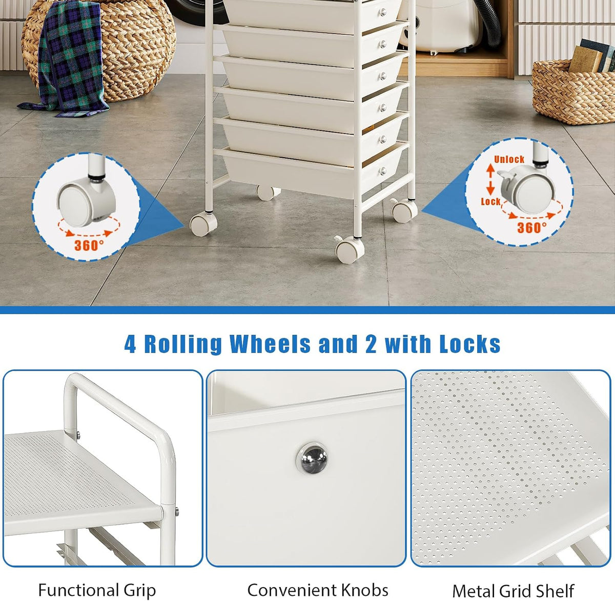 Rolling Storage Cart with Drawers 6-Tier Lock Wheels Office White
