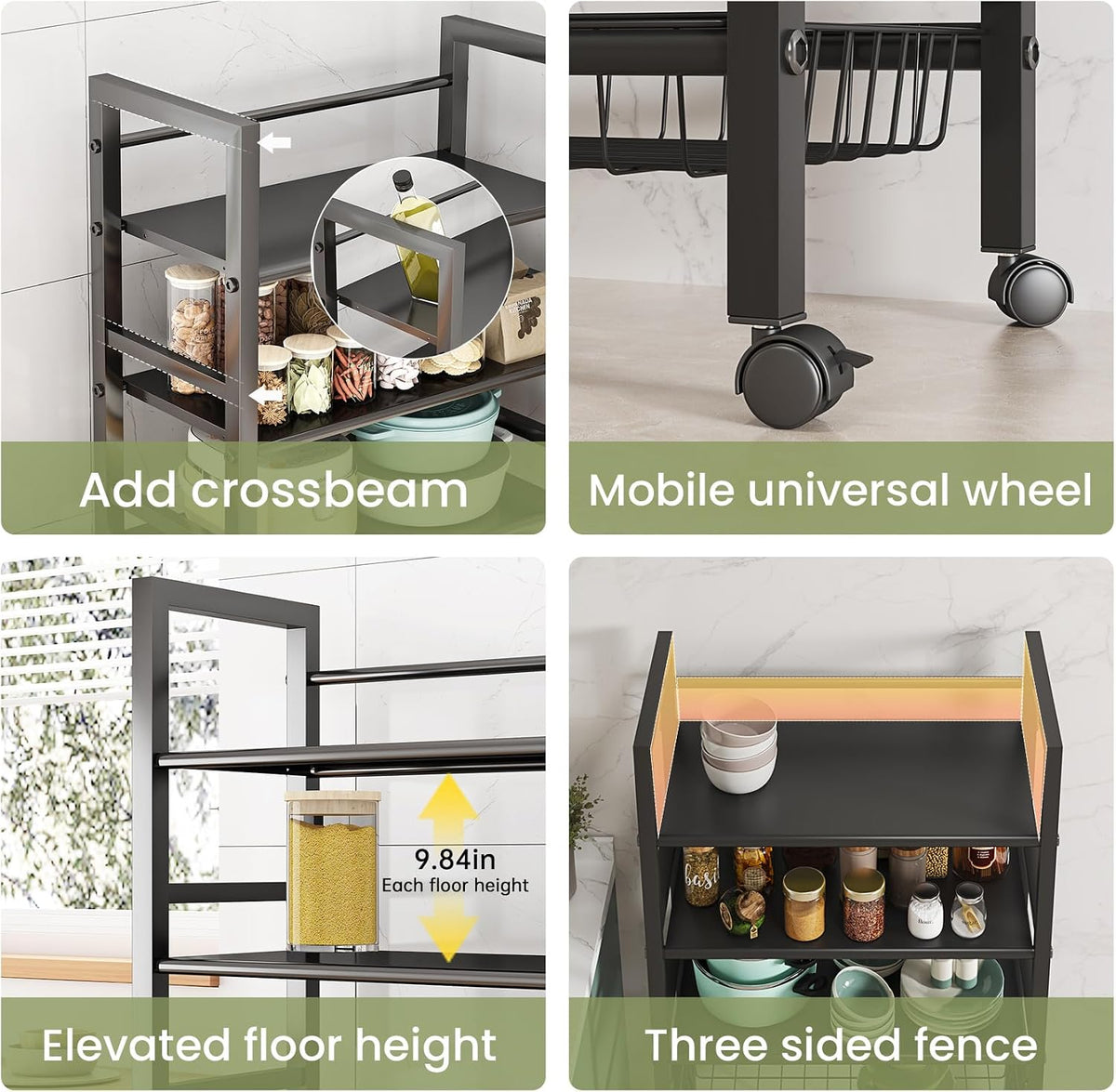 4-Tier Rolling Metal Storage Cart Mobile Organizer with Removable Grid Basket and Locking Wheels, Suitable for Multiple Uses, Black (Large)
