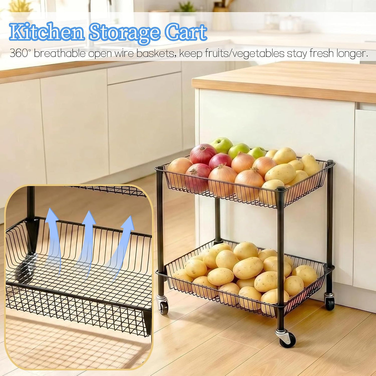 2 Tier Rolling Pantry Cart on Wheels Thick Metal Pantry Floor Organizer Small Utility Cart for Small Space, Fruit Vegetables Rack for Kitchen, Under Desk Storage Onion Potato Storage Basket, Black