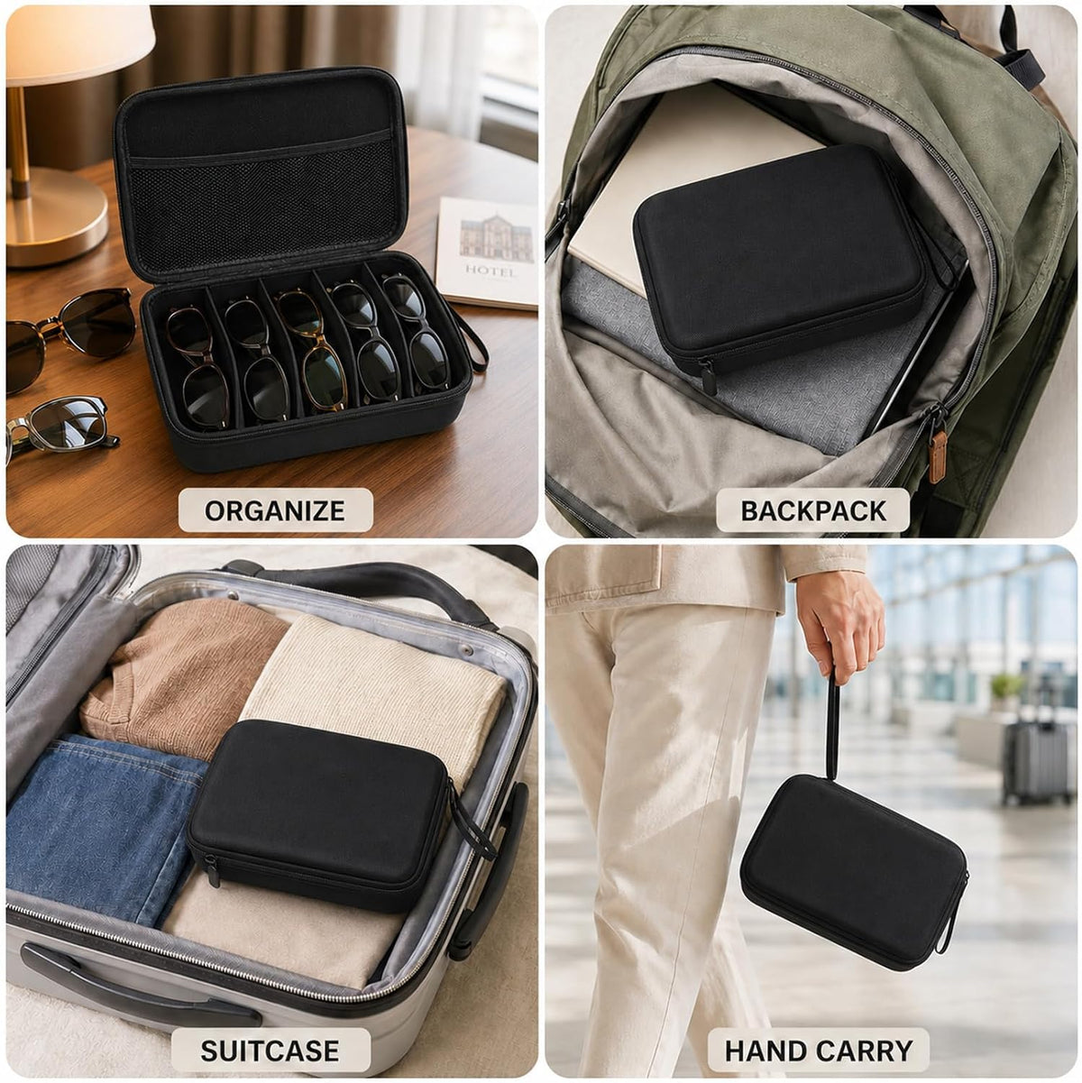PINE & LINEN Travel Sunglasses Organizer Case with Adjustable Slots