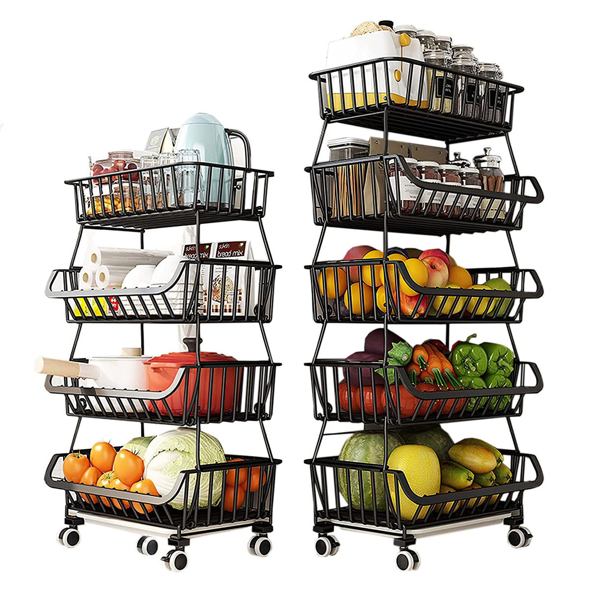 5-Tier Rolling Pantry Floor Organizer with Wheels, Foldable Fruit Vegetable Storage Cart, Metal Wire Pantry Basket, Kitchen Fruit Basket Stand, Vegetable Storage Rack for Fruits Snack Onion Potato