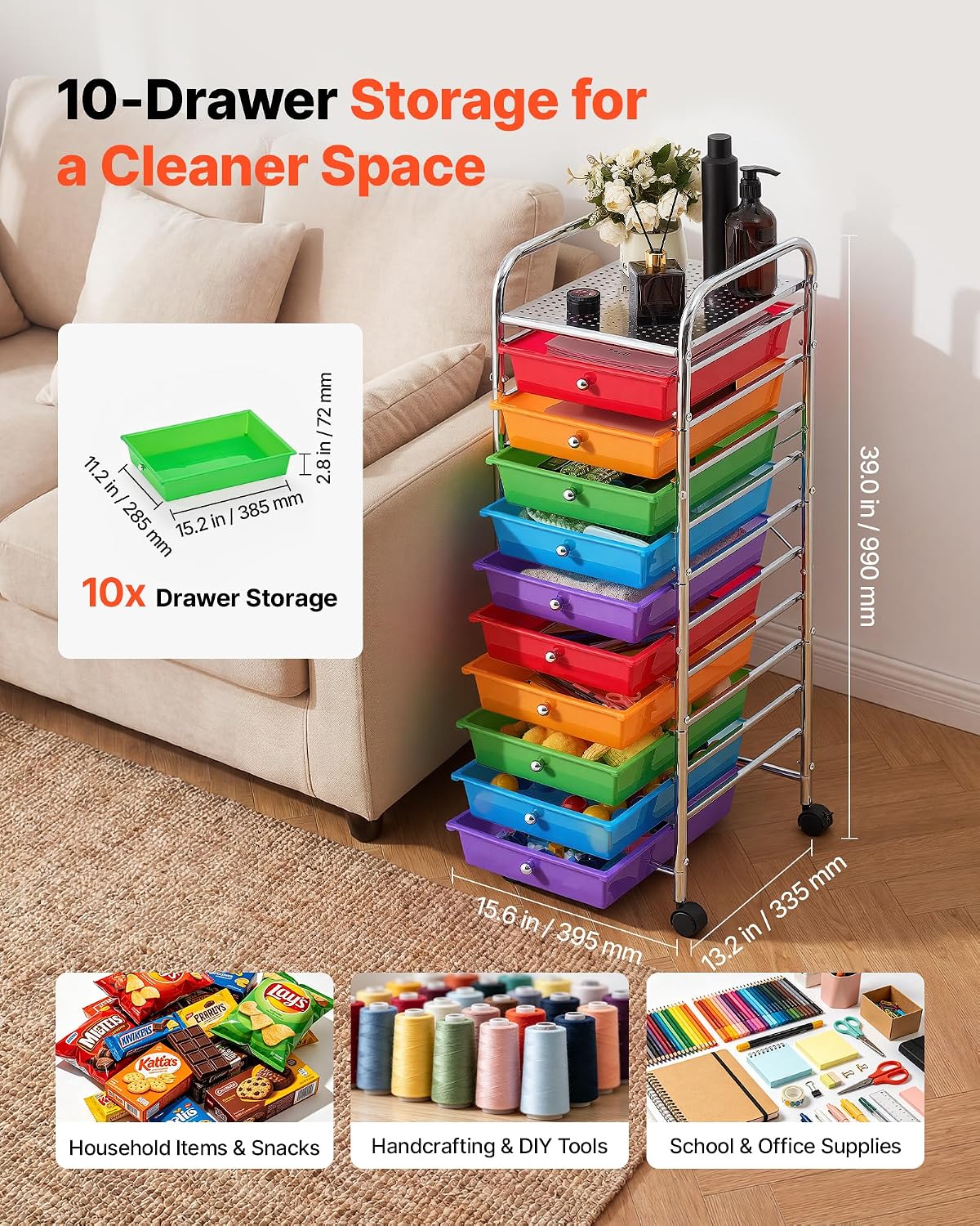 VEVOR Rolling Cart with Drawers, 10 Drawer Storage Organizer, Mobile Utility Cart with Steel Frame, Universal Casters & 2 Brakes, Great for Office, Classroom, Craft Tools, Garage, Studio, Rainbow