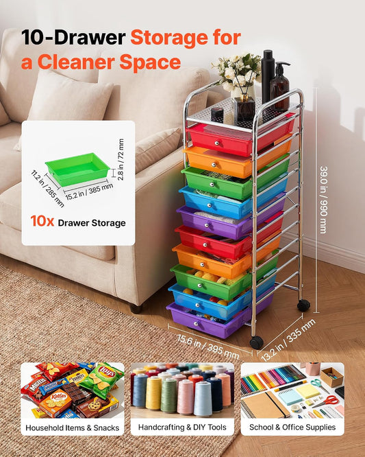 VEVOR Rolling Cart with Drawers, 10 Drawer Storage Organizer, Mobile Utility Cart with Steel Frame, Universal Casters & 2 Brakes, Great for Office, Classroom, Craft Tools, Garage, Studio, Rainbow