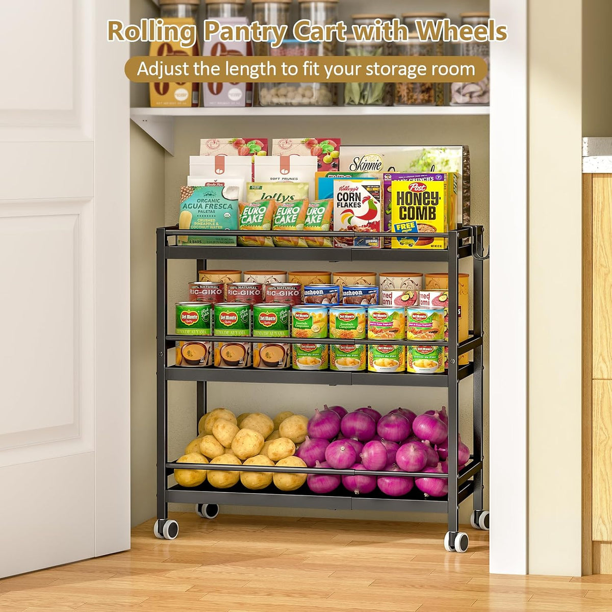 3-Tier Expandable Rolling Pantry Organizers and Storage Cart with Wheels, Adjustable Pantry Floor Organizer, Snack Cart for Pantry, Kitchen Storage Cart with 4 Hooks for Snack, Food, Vegetables, Black