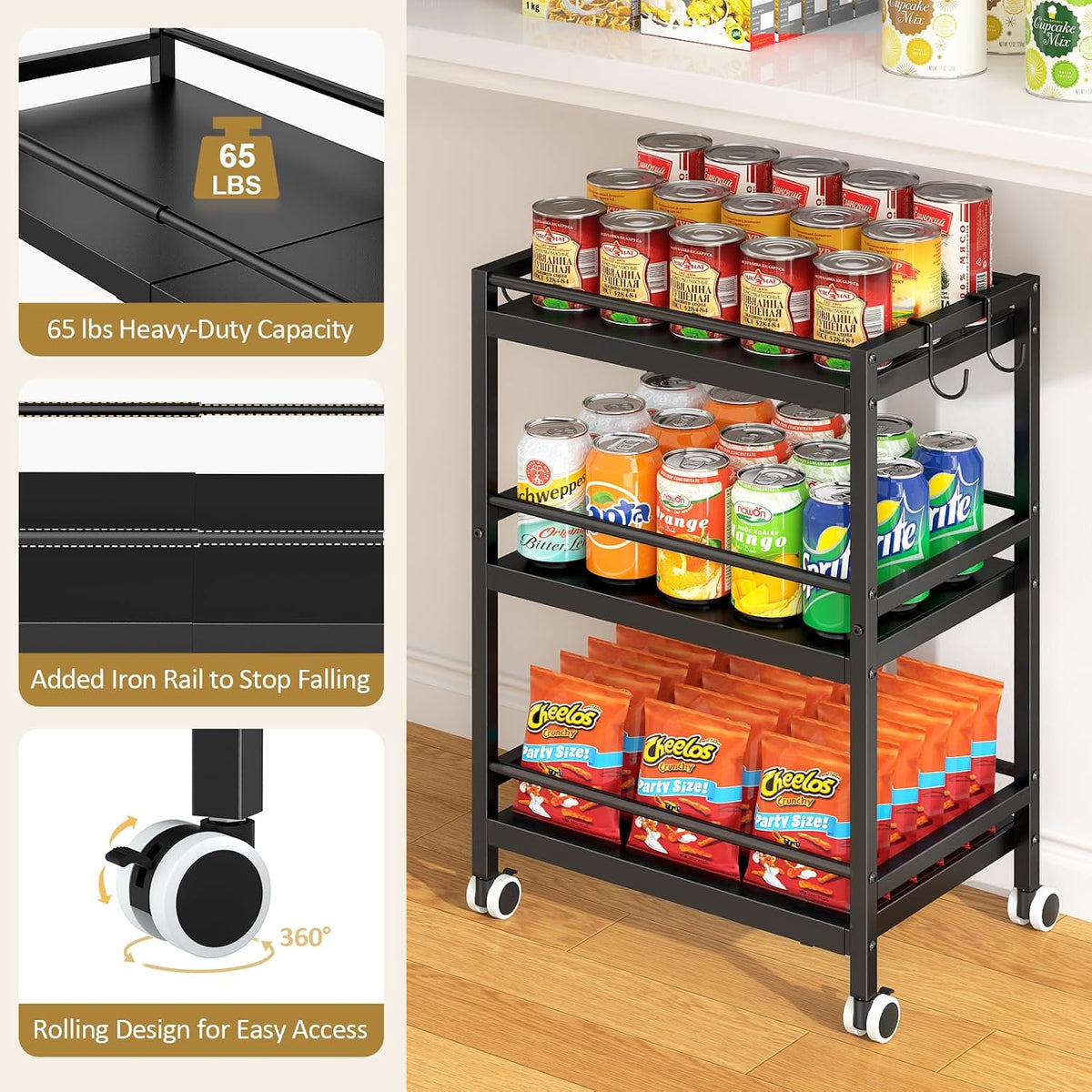 3-Tier Expandable Rolling Pantry Organizers and Storage Cart with Wheels, Adjustable Pantry Floor Organizer, Snack Cart for Pantry, Kitchen Storage Cart with 4 Hooks for Snack, Food, Vegetables, Black