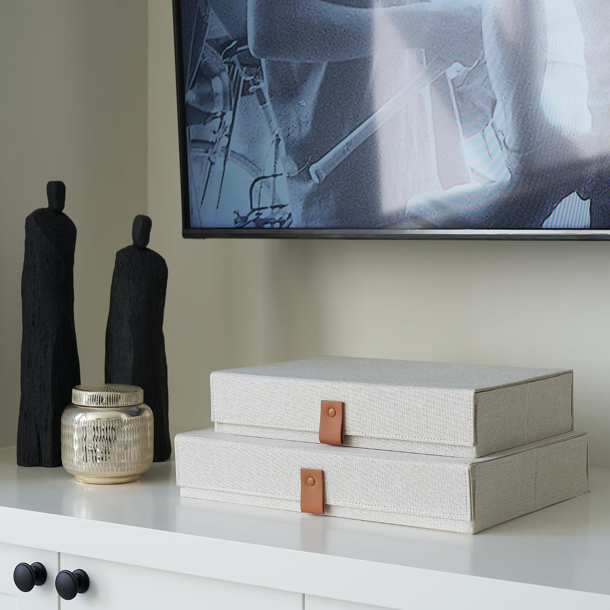ZICOTO Decorative Photo Storage Boxes with Lids - Set of 2 Linen Organizers