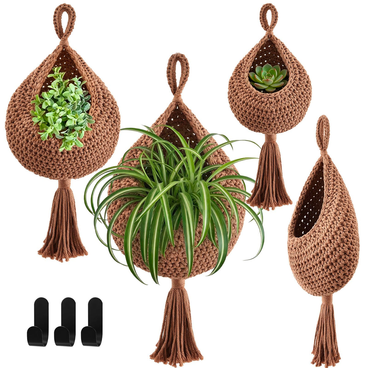 Honeydak 3 Hanging Baskets, Light Brown, Wide Bucket Basket
