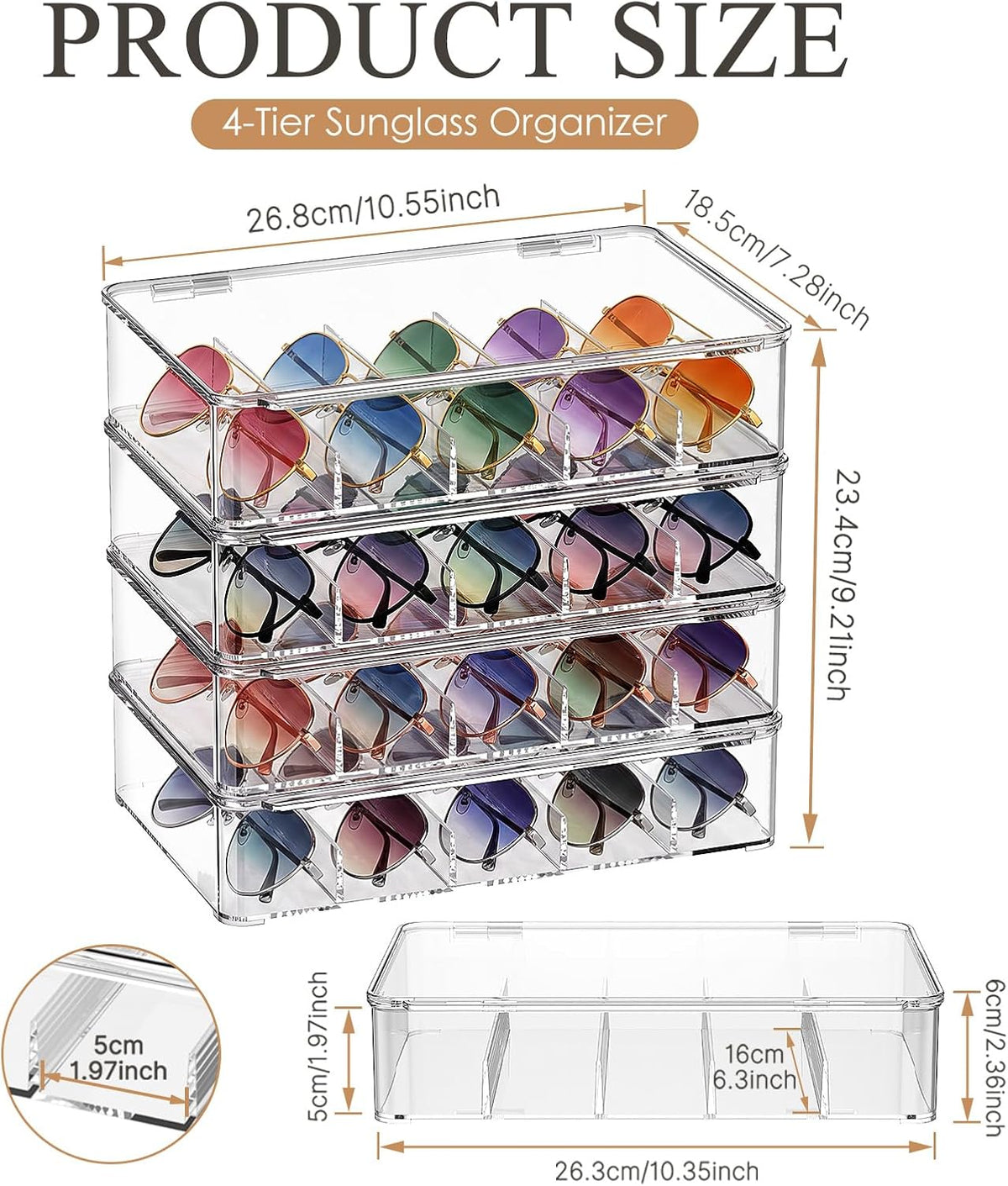 4 Pack Sunglass Organizer, Clear Acrylic Stackable Eyeglass Storage Box Holder, Sunglasses Case Glasses Display Case with Hinged Lid