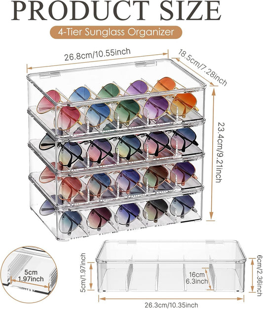 4 Pack Sunglass Organizer, Clear Acrylic Stackable Eyeglass Storage Box Holder, Sunglasses Case Glasses Display Case with Hinged Lid