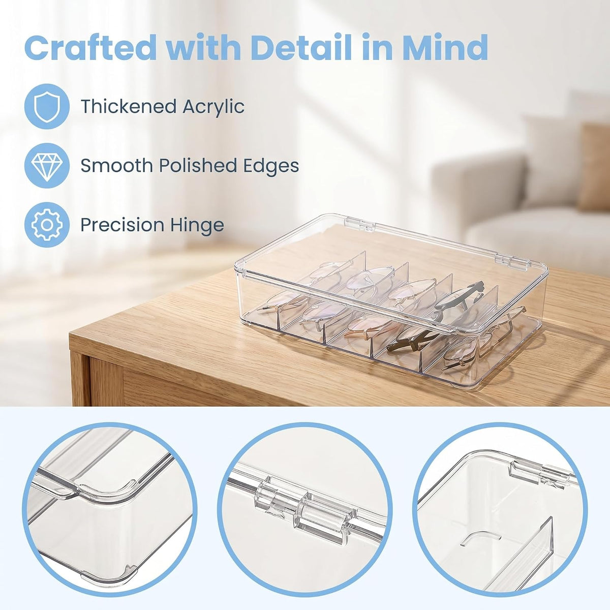 2 Pack Clear Acrylic Sunglasses Organizer, Stackable Eyeglass Storage Box with Hinged Lid, 5 Divided Compartments Each, Eyewear Display Case for Closet, Vanity, Dresser, Desk