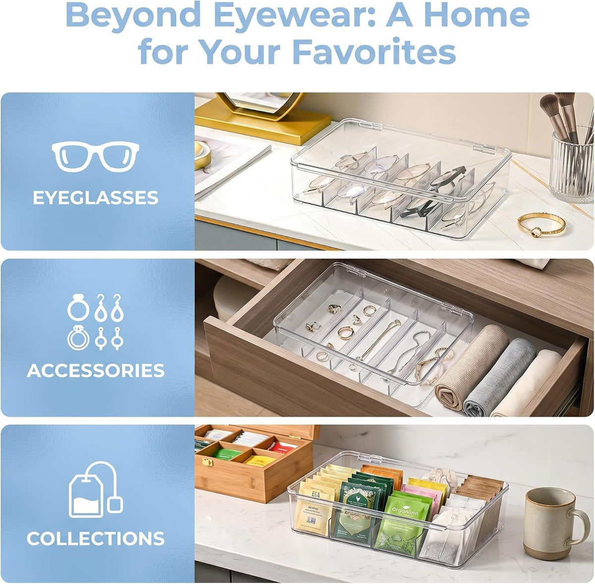 2 Pack Clear Acrylic Sunglasses Organizer, Stackable Eyeglass Storage Box with Hinged Lid, 5 Divided Compartments Each, Eyewear Display Case for Closet, Vanity, Dresser, Desk