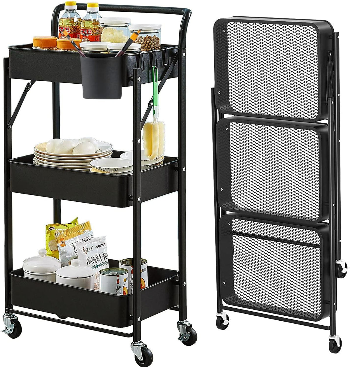 Foldable Rolling Cart 3 Tier Utility Storage Cart No Assembly Metal Heavy Duty Kitchen Carts Folding on Wheels Trolley Organizer Cart with Cup and Hooks for Office/Classroom/Dorm(Black)