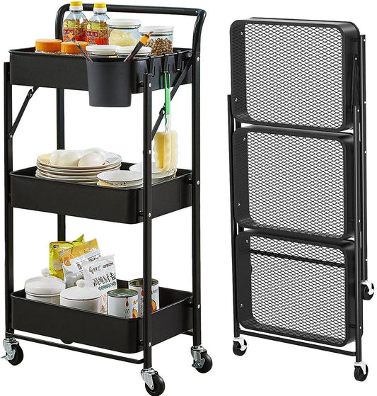 Foldable Rolling Cart 3 Tier Utility Storage Cart No Assembly Metal Heavy Duty Kitchen Carts Folding on Wheels Trolley Organizer Cart with Cup and Hooks for Office/Classroom/Dorm(Black)