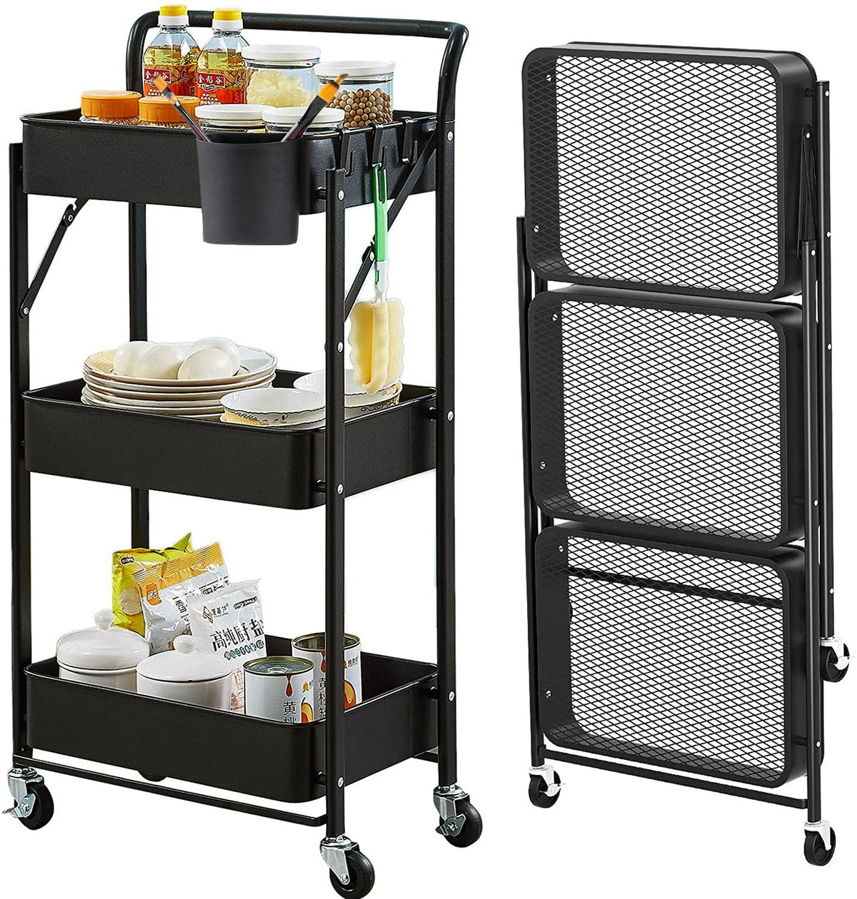Foldable Rolling Cart 3 Tier Utility Storage Cart No Assembly Metal Heavy Duty Kitchen Carts Folding on Wheels Trolley Organizer Cart with Cup and Hooks for Office/Classroom/Dorm(Black)