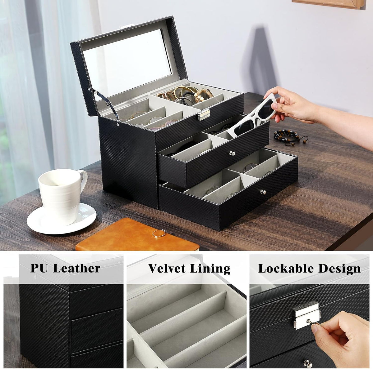 MoKo Sunglasses Organizer, Leather Sunglass Display Collection Holder Case with Drawer Clear Glass Lid