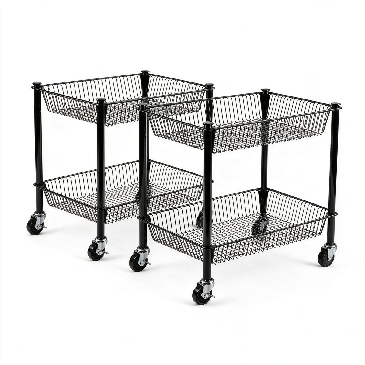 2 Tier Rolling Pantry Cart on Wheels Thick Metal Pantry Floor Organizer Small Utility Cart for Small Space, Fruit Vegetables Rack for Kitchen, Under Desk Storage Onion Potato Storage Basket, Black