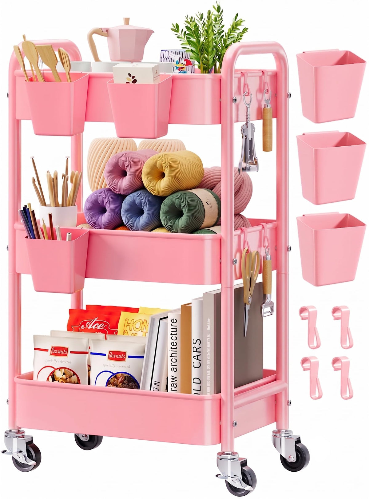 4 Tier Rolling Storage Cart Metal with Wheels, 37in Heavy Duty Roller Carts