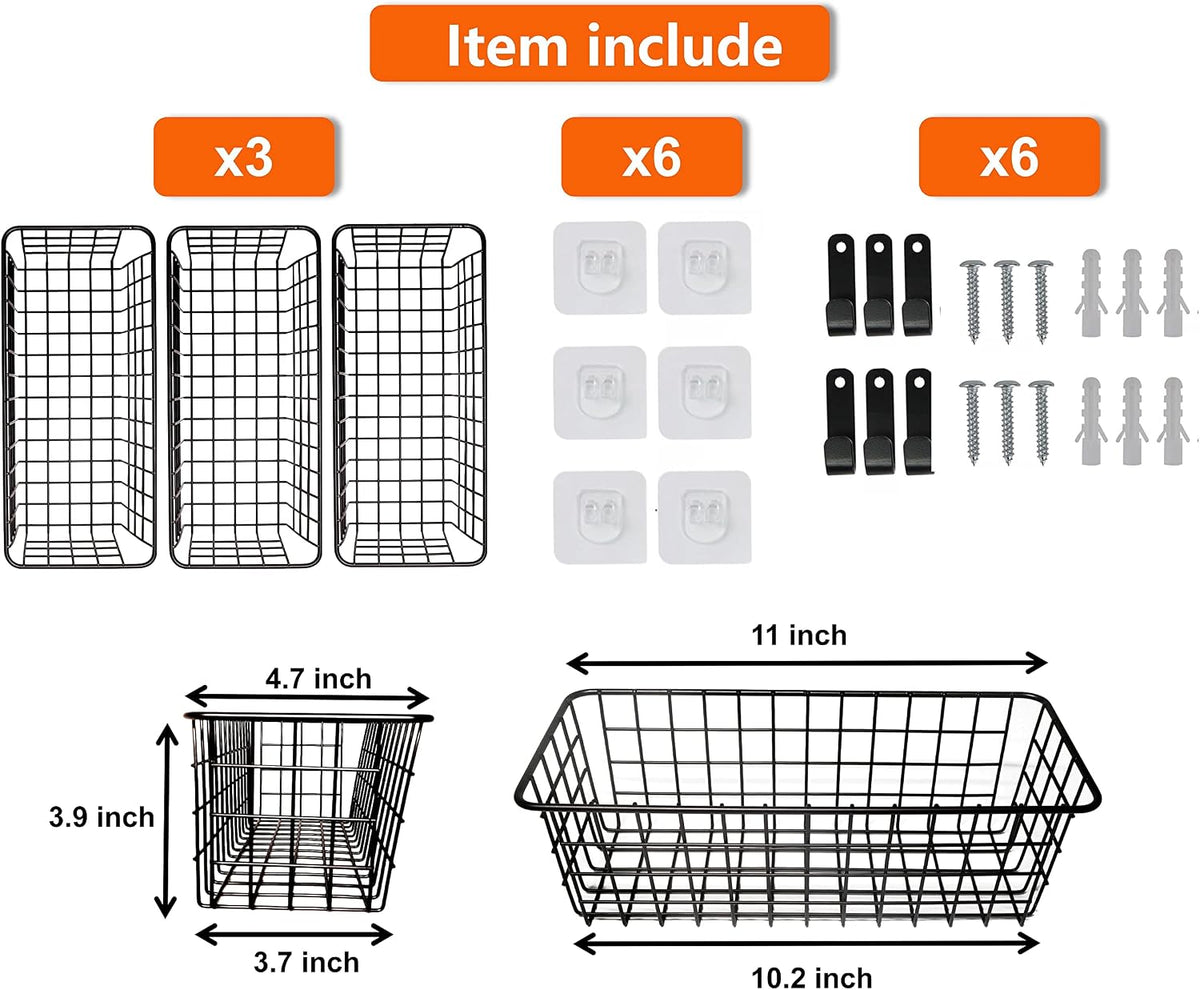 Joben Oligey 3 Set Hanging Wire Baskets ,Wall Mount Fruit Basket,No Drilling,Adhesive Small Metal Basket,Farmhouse Food Storage Mesh Bin Kitchen Pantry Laundry Bathroom Closet Garage RV ,Black