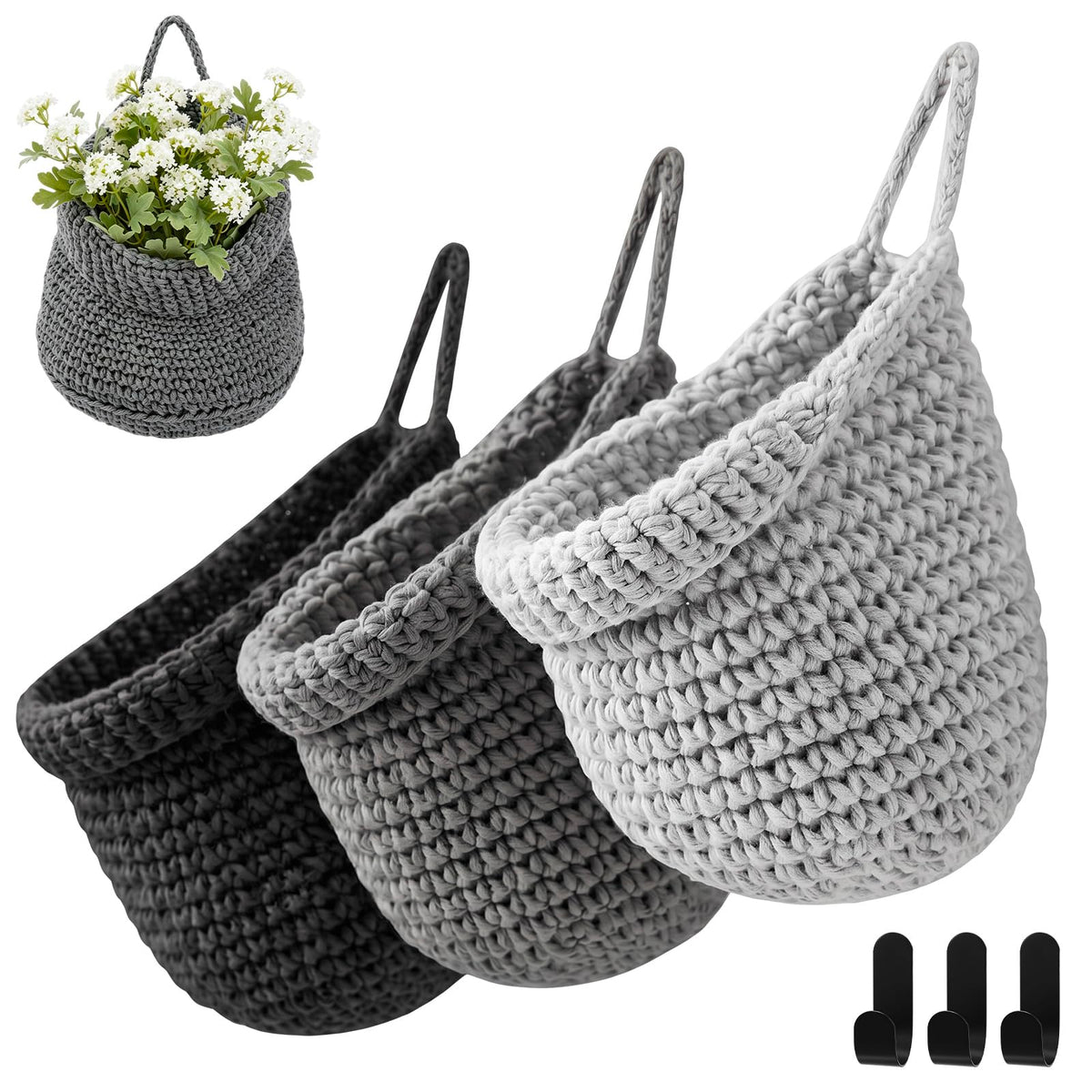 Honeydak 3 Hanging Baskets, Light Brown, Wide Bucket Basket
