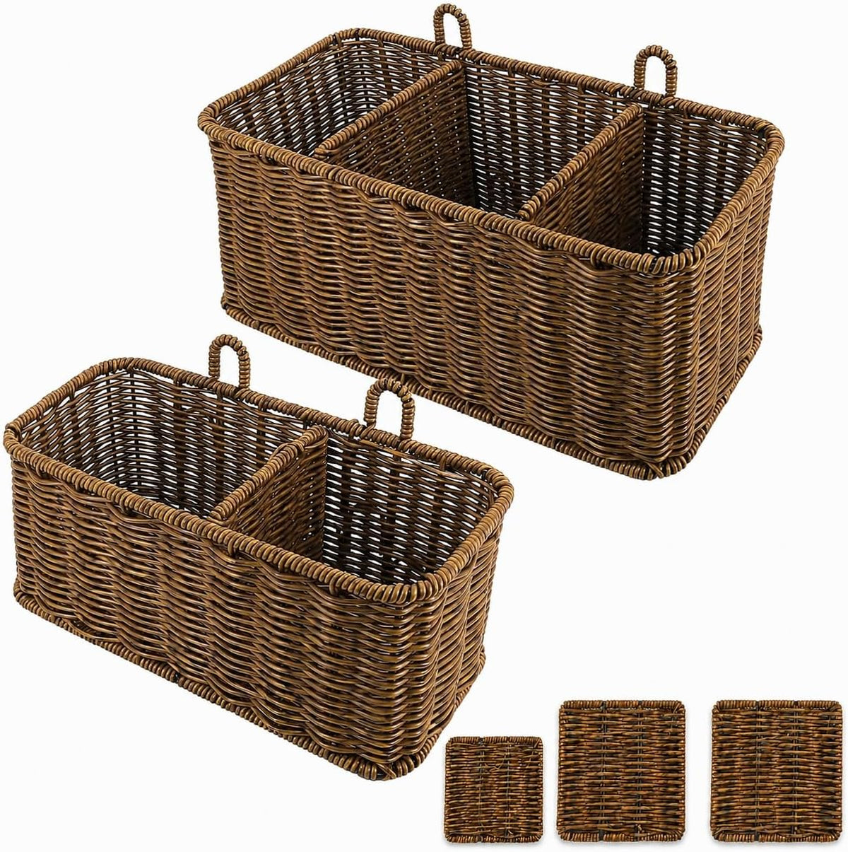 AceList Hanging Wall Basket with Removable Dividers, Set of 2 Woven Storage Baskets - Faux Rattan Wall Mounted Organizer for Kitchen Bathroom, Includes 5 Clear Hooks & 5 No-Mark Nails, Boho Decor