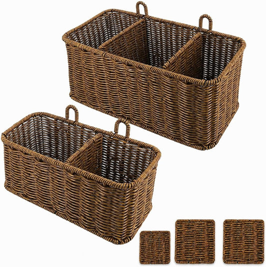 AceList Hanging Wall Basket with Removable Dividers, Set of 2 Woven Storage Baskets - Faux Rattan Wall Mounted Organizer for Kitchen Bathroom, Includes 5 Clear Hooks & 5 No-Mark Nails, Boho Decor